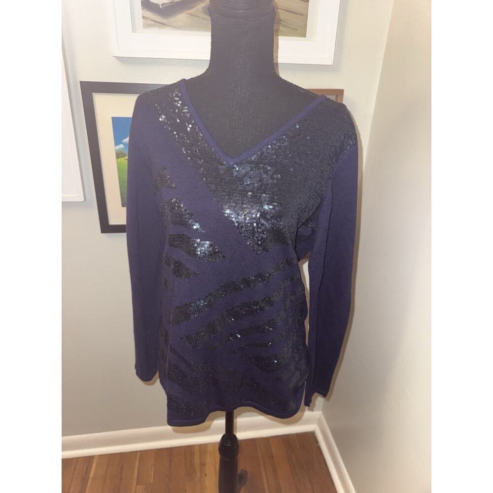 REBA Women's Large Navy Blue Sequin Zebra Stripe V-Neck Sweater Long Sleeve L